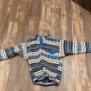 Men's Patagonia Blue, White & Rust Patterned Fleece Pullover Sweater